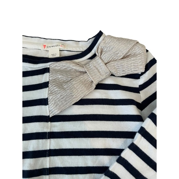 Crewcuts Navy/White Striped Top with Gold Crinkle Bow - Size 6/7 Girls - Picture 3 of 8